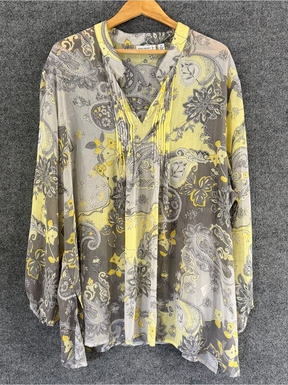 Susan Graver Womens Sheer Paisley Top Size 3X Gray Yellow Long Sleeve Office
